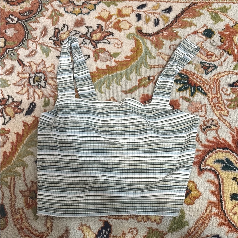 American Eagle Outfitters White and Gray Fitted Crop Tank Top